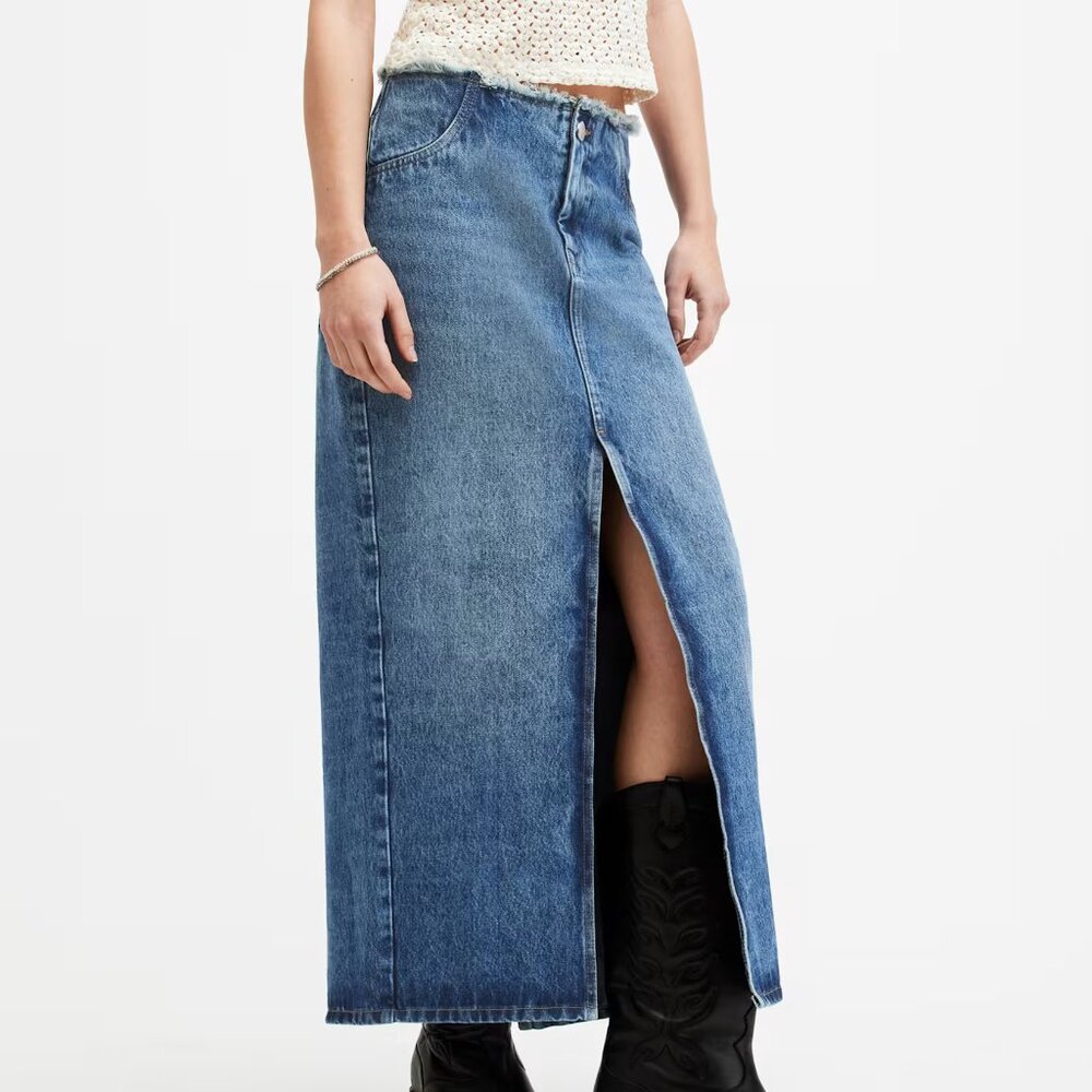 AllSaints NEW Skirt 'Cyra' Maxi Blue Denim Jean Frayed Waist Front & Back Slits - Picture 3 of 14